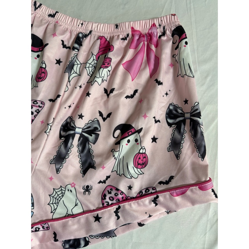 Pink Halloween Ghost Bow Pajama Set Short Sleeve Button Down Shorts Womens Large - Picture 8 of 11